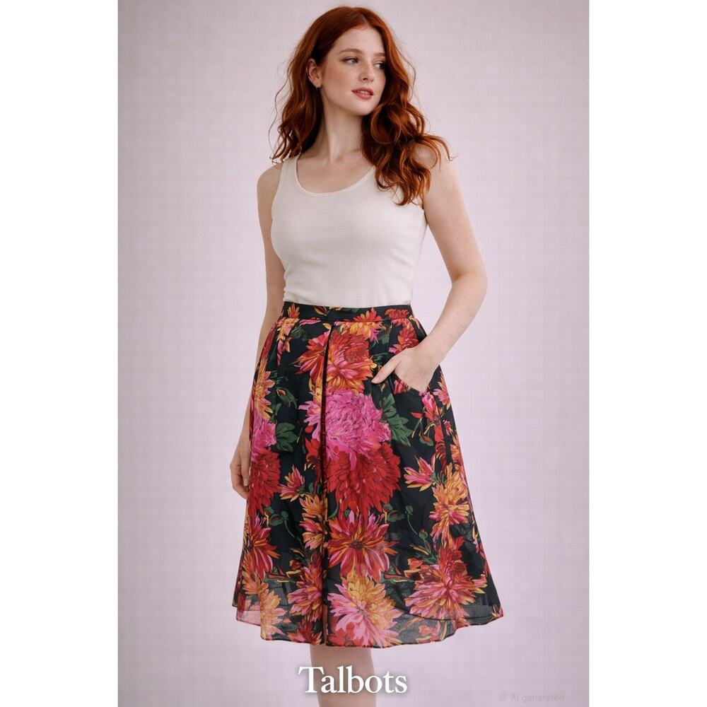 Talbots Petite Pure Silk Floral‎ A-Line Skirt Black Pink Red Sz 14P
